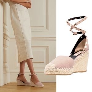 Valentino Garavani Rockstud Espadrille Wedge Sandals 85mm Pink Size 41